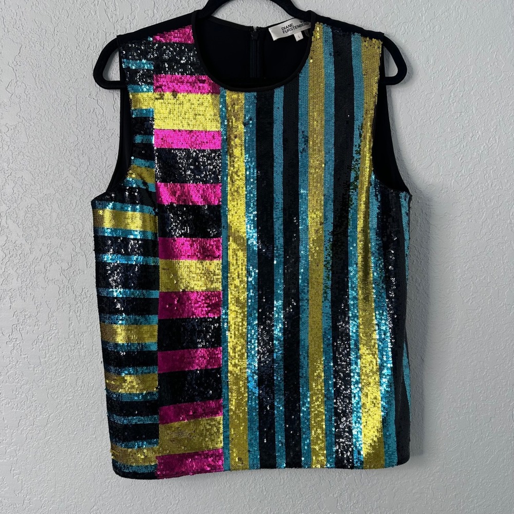 Diane von Furstenberg DVF Sequin Saxon Stripe Shell Top Large